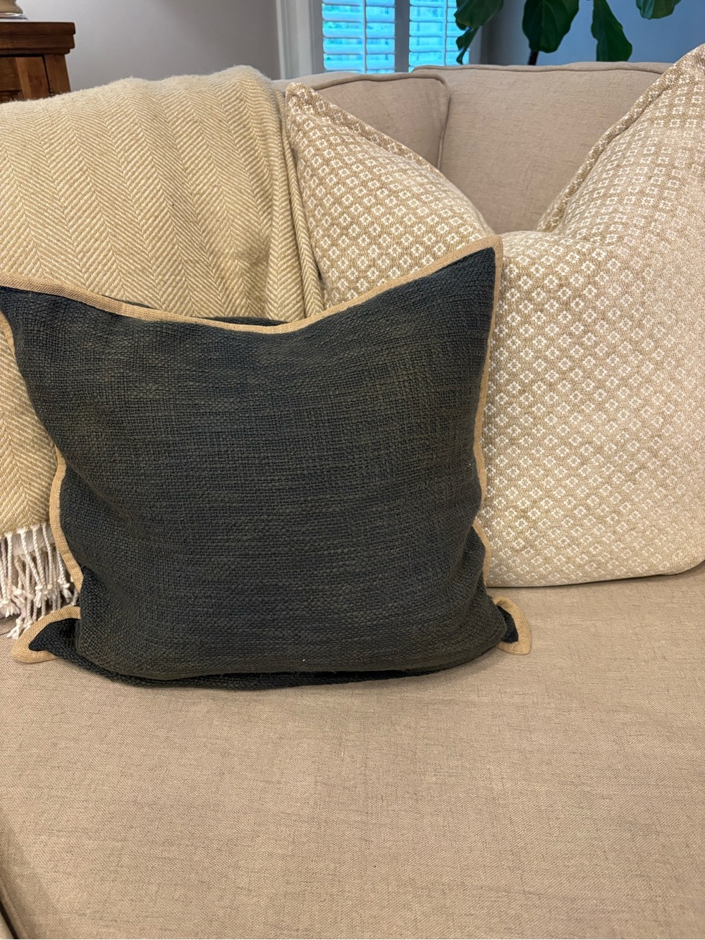Pottery Barn Navy and Tan Accent Pillow - 20”x 20”